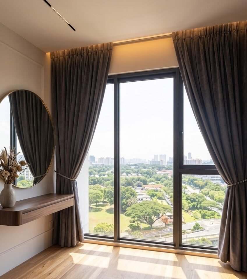 Ultimate blackout curtains Singapore installed in modern bedroom with city view