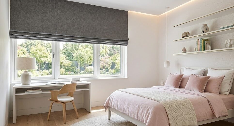 Custom Roman blinds with cordless system installed in a modern HDB bedroom