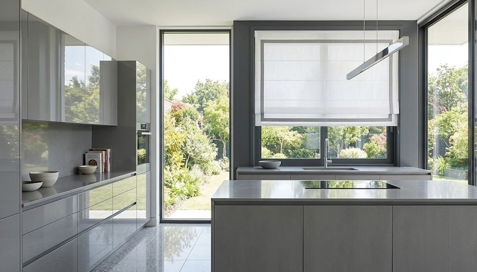 Elegant Roman shades in blackout fabric for privacy in a Singapore condominium