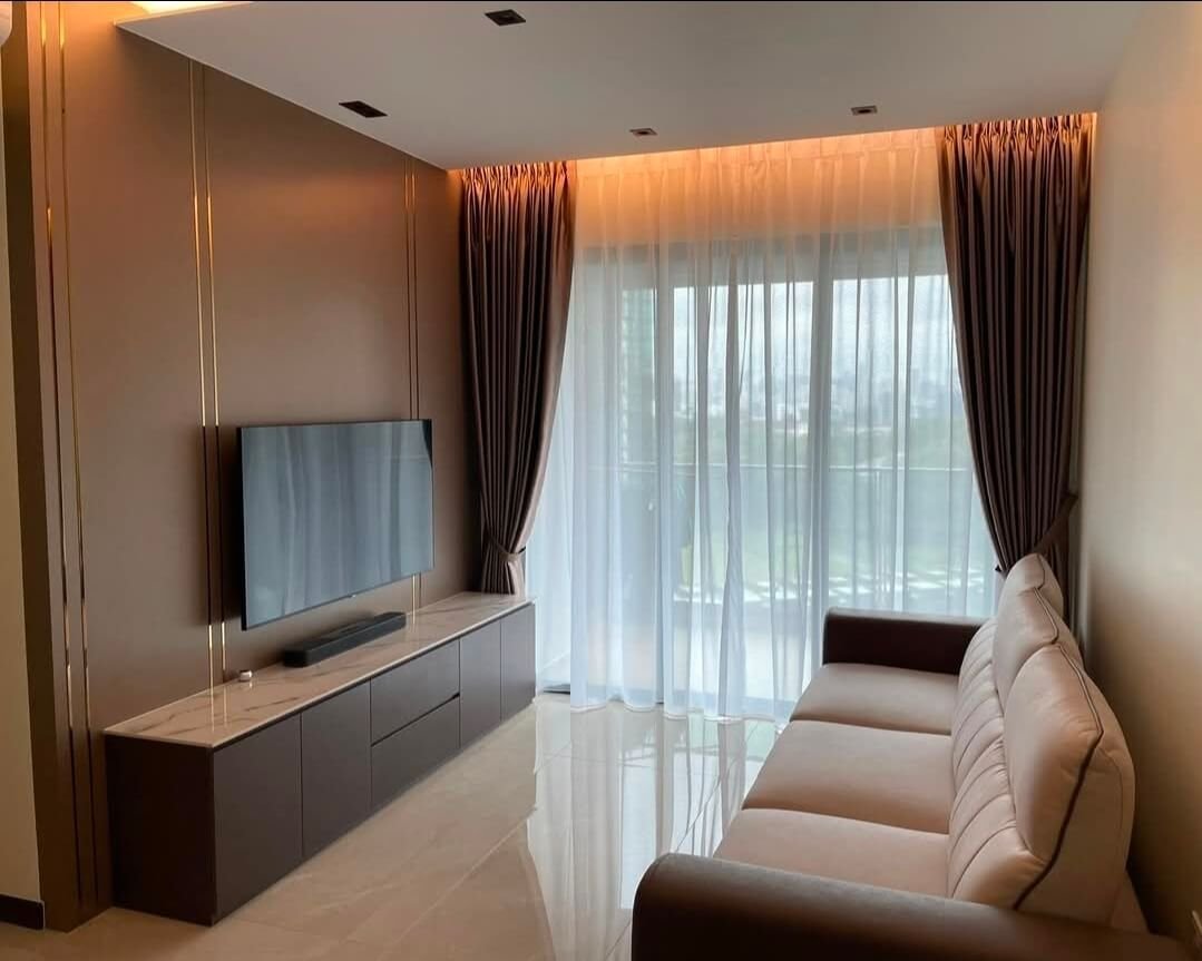 Double pleat day and night curtains in a Singapore master bedroom