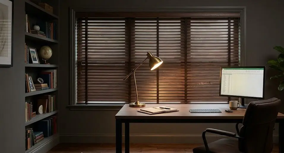 Timber Venetian Blinds Singapore for warm home office interior