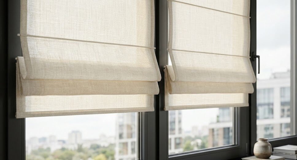 Premium Roman shades with soft tailored pleats in a bright Singapore living room