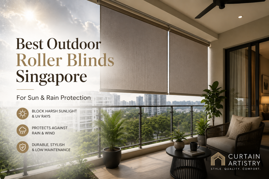 Outdoor roller blinds Singapore providing sun, UV, and rain protection for balcony spaces