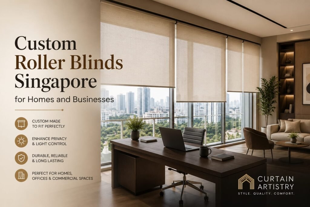 Custom roller blinds Singapore installed in modern home and office interior for privacy and light control