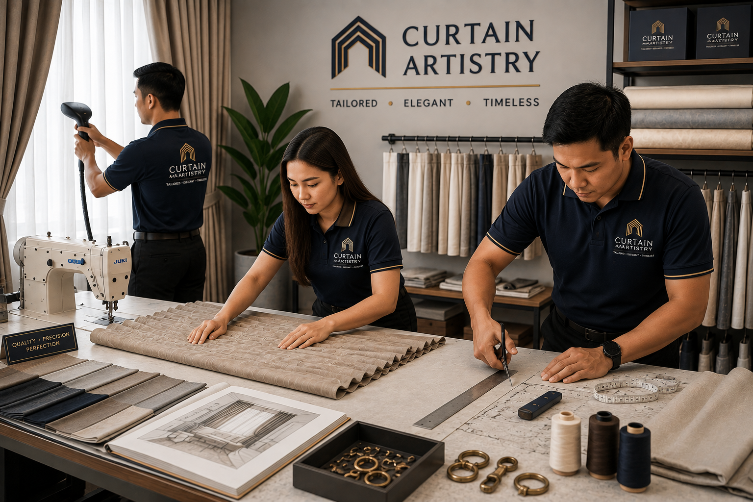 Curtain artisans creating custom curtains in Singapore