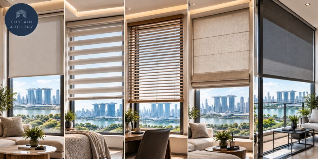 Types of blinds in Singapore: roller blinds, Korean combi blinds, venetian blinds, roman blinds and blackout blinds