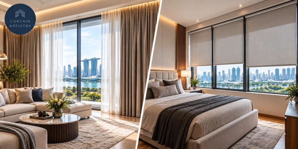 Curtains vs blinds cost comparison: curtains in a living room and roller blinds in a bedroom