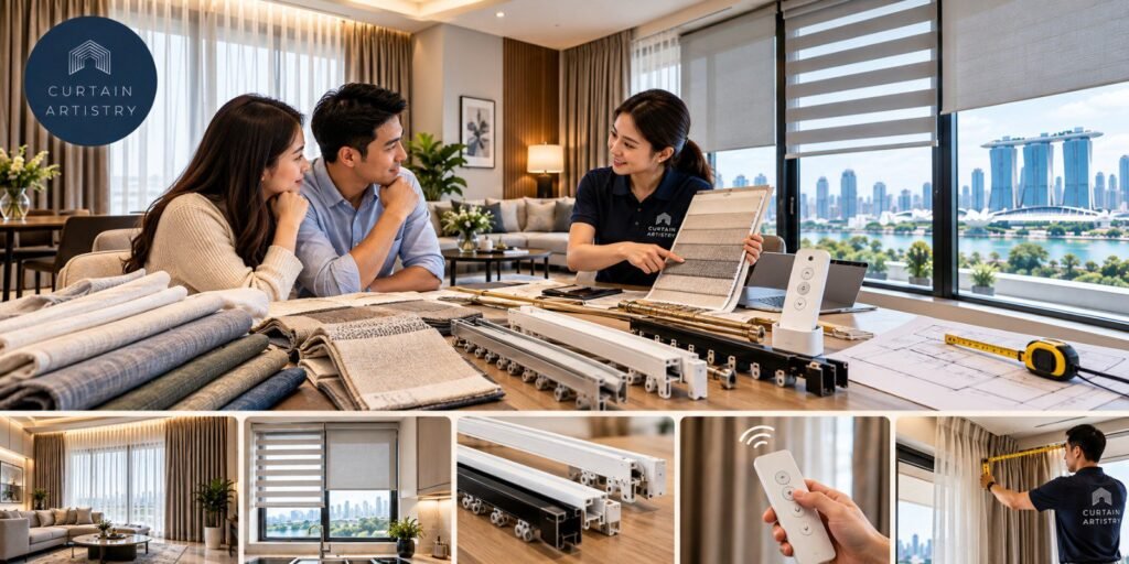 Curtain Artistry consultation in Singapore: fabric selection, tracks, motorisation and professional measurement