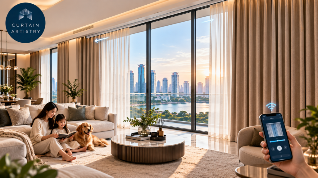 Family enjoying motorised curtains controlled by phone app in a Singapore living room.