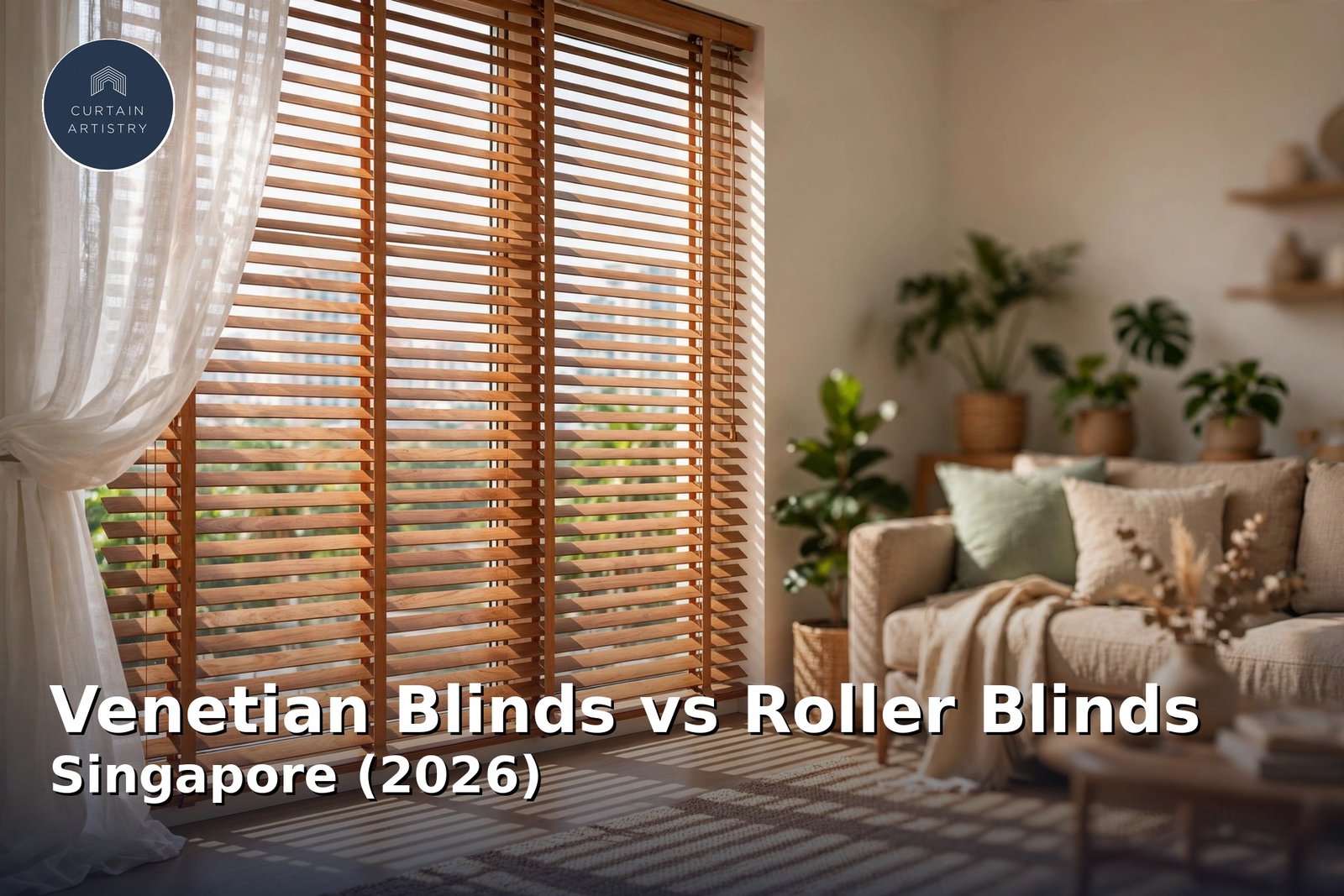 Venetian blinds vs roller blinds Singapore: wooden venetian blinds in a modern home