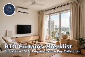 BTO curtains checklist Singapore: new HDB living room with floor-to-ceiling curtains and moving boxes