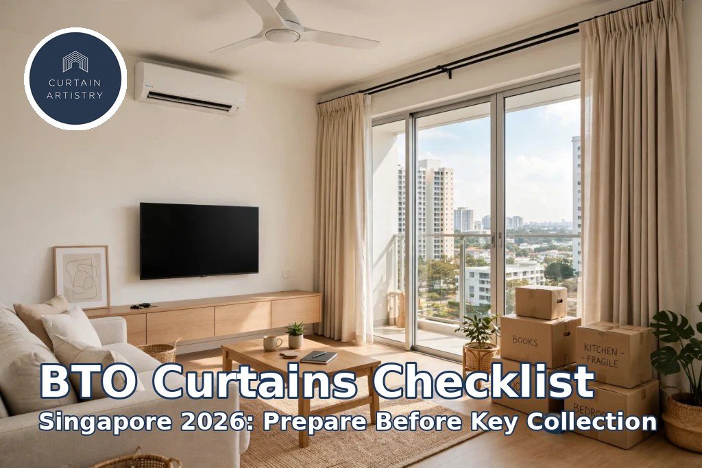 BTO curtains checklist Singapore: new HDB living room with floor-to-ceiling curtains and moving boxes