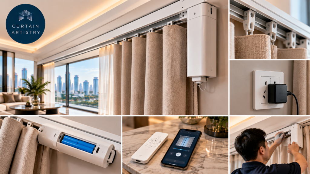 Motorised curtain motor, plug-in and battery power options, and installation in Singapore.