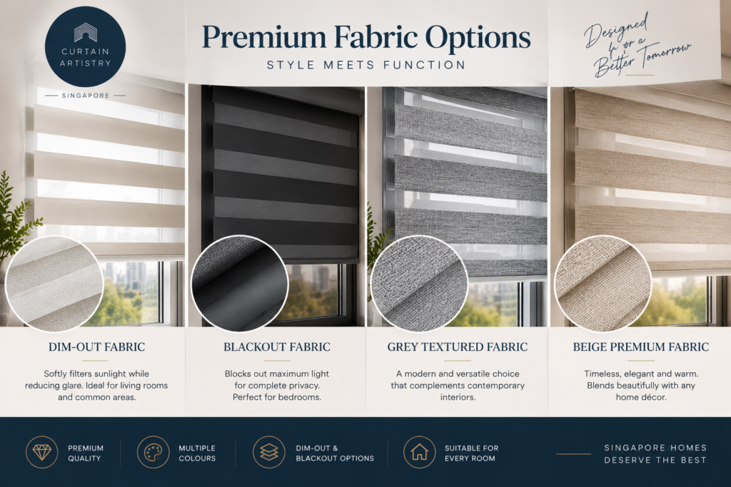 Korean combi blinds fabric options including dim out and blackout materials
