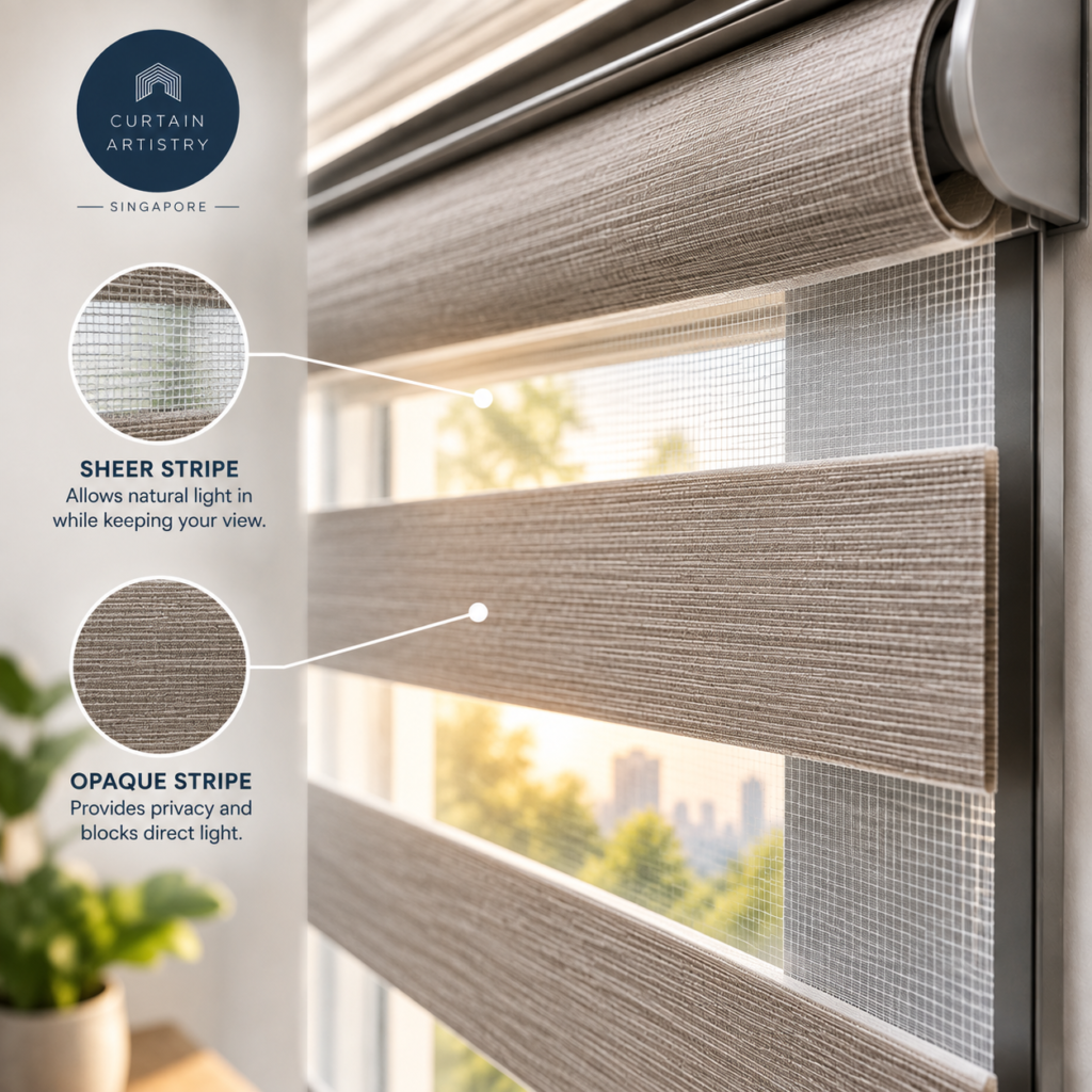 Close-up of Korean combi blinds dual layer sheer and opaque fabric mechanism
