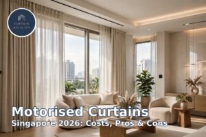 Motorised curtains in a modern Singapore living room with ceiling track