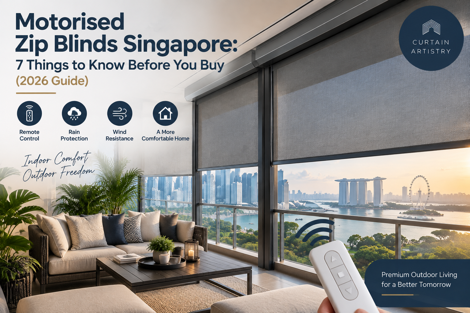 Motorised zip blinds Singapore installed on modern condo balcony
