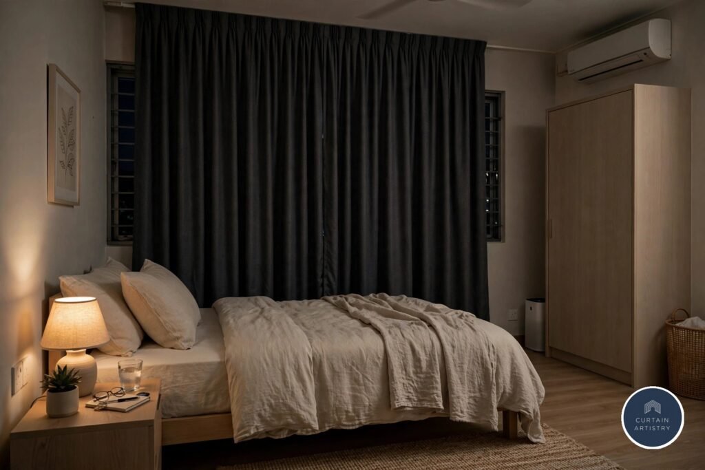 Blackout curtains closed in an HDB BTO bedroom Singapore