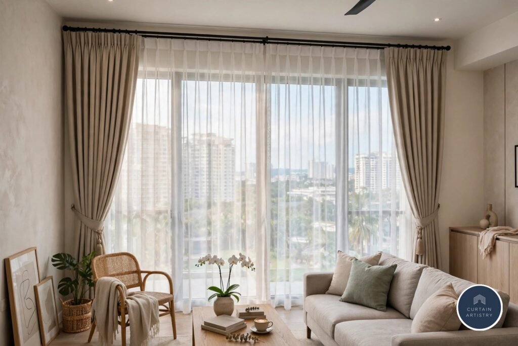 Day and night double-layer curtains in a Singapore condo living room