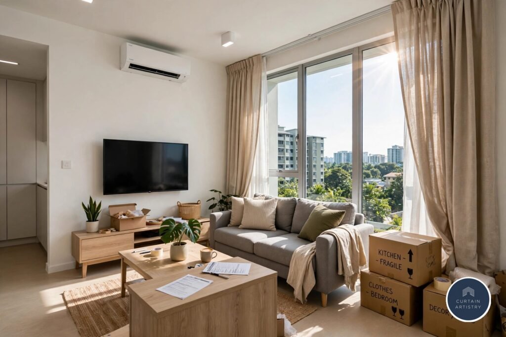 New BTO flat living room Singapore with beige floor-to-ceiling curtains