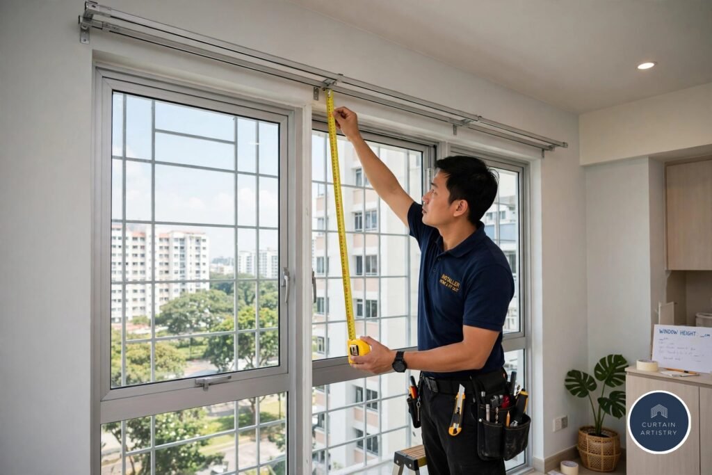 Measuring a window with tape measure for BTO curtains Singapore