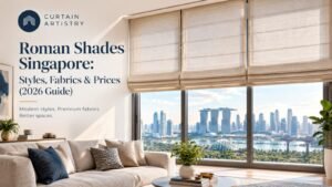 Roman shades in a Singapore living room with city skyline view