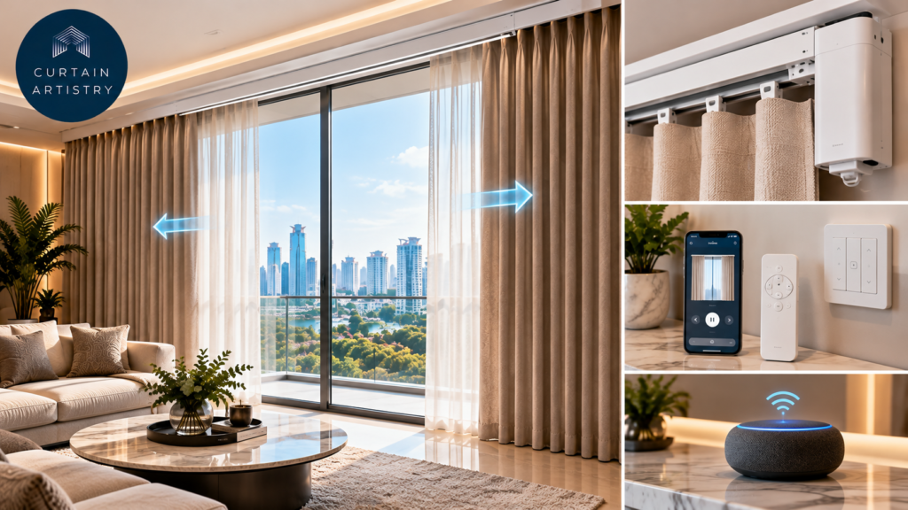 How motorised curtains work — motor, remote, app and voice control in a Singapore home.
