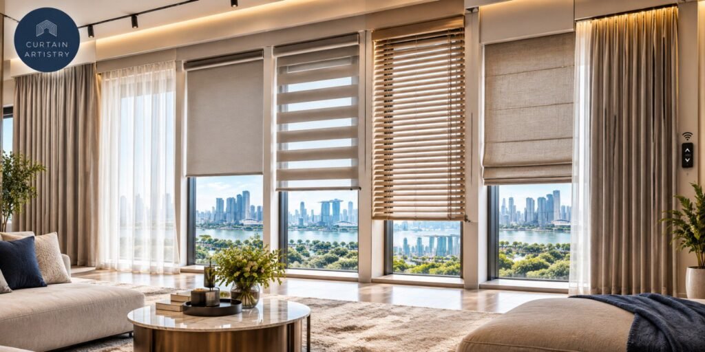 Roller blinds, Korean combi blinds, venetian blinds and roman blinds in a Singapore living room