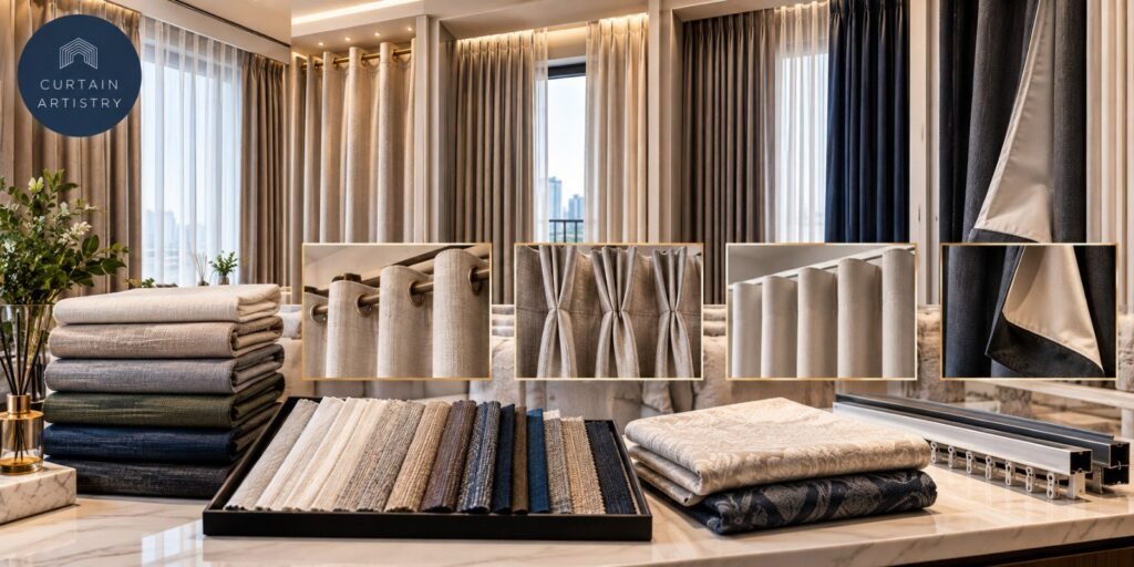 Curtain fabrics, header styles and lining options: eyelet, pinch-pleat and ripple-fold curtains