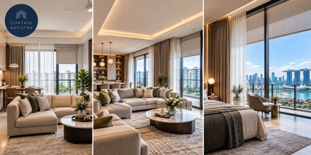 Whole-home curtain packages in Singapore: curtains installed in living room, dining area and bedroom