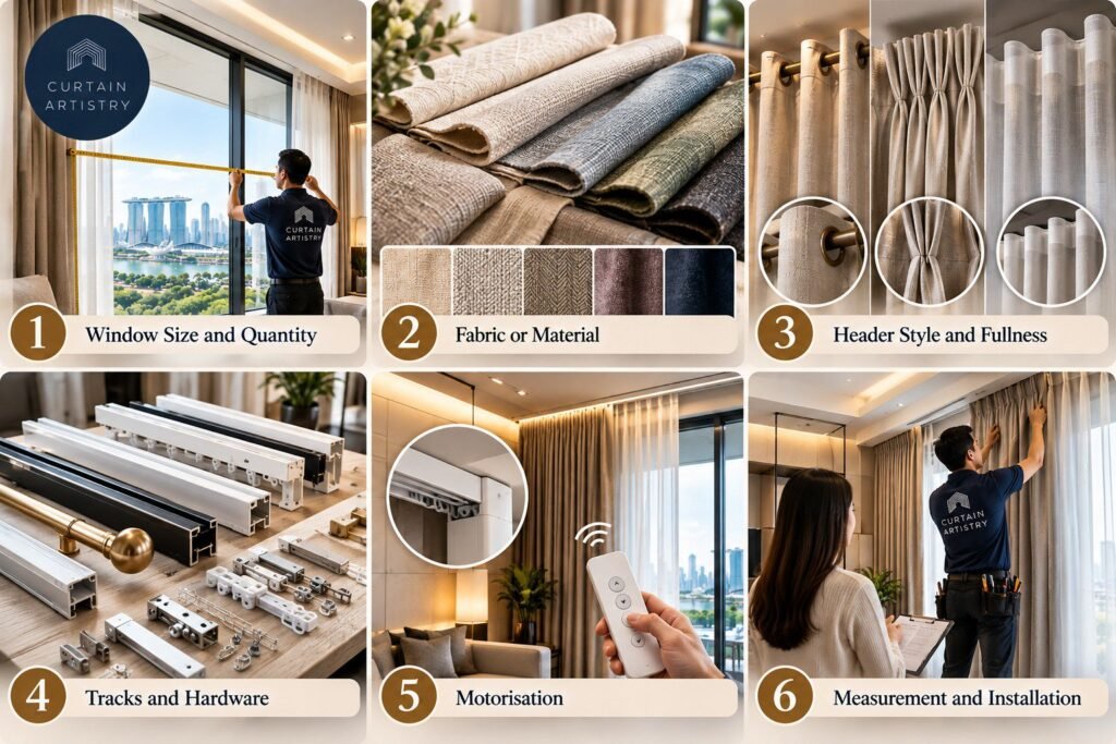 6 factors that decide curtains and blinds price in Singapore: window size, fabric, header style, tracks, motorisation and installation