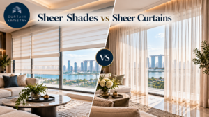 Sheer shades vs sheer curtains comparison in a luxury Singapore living room with Marina Bay view.