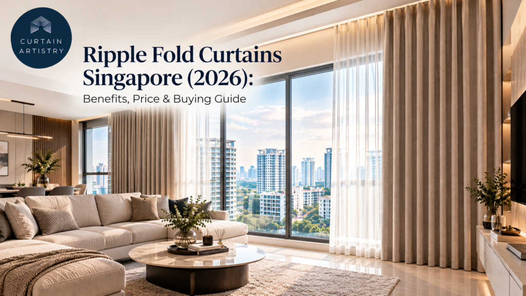 Ripple fold curtains in a bright modern Singapore living room with floor-to-ceiling windows