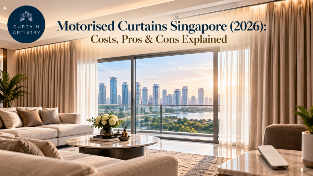 Motorised curtains with remote control in a luxury Singapore living room