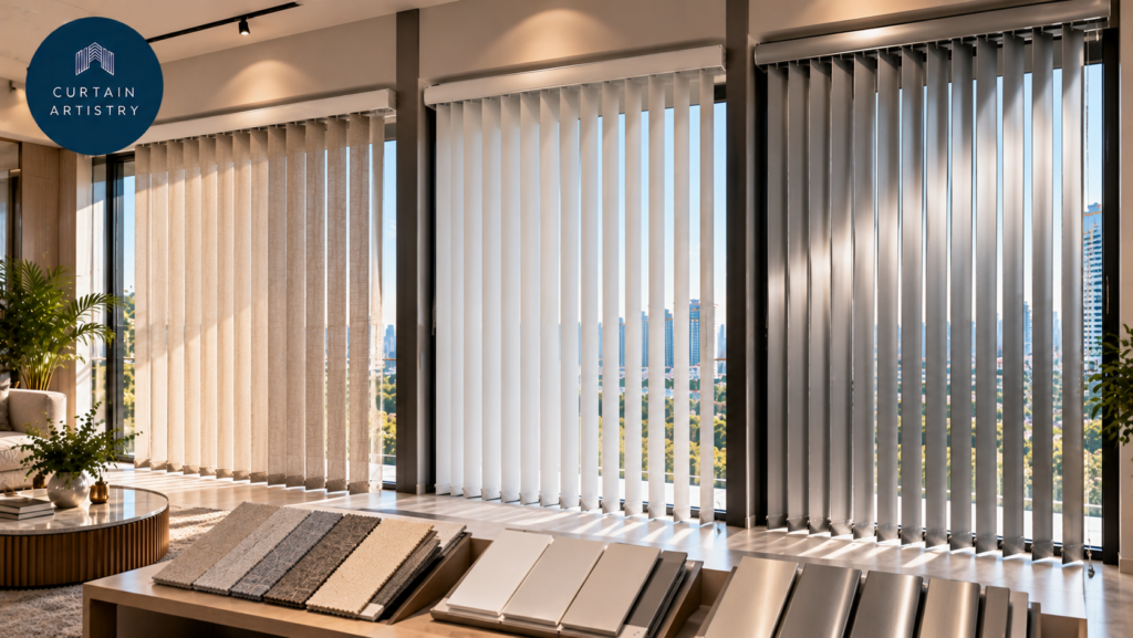 Fabric, PVC and aluminium vertical blinds types displayed in Singapore