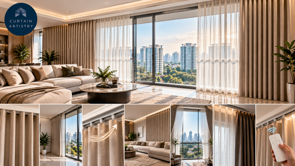 Ripple fold curtains benefits collage showing living room, fabric folds, track detail and remote control.