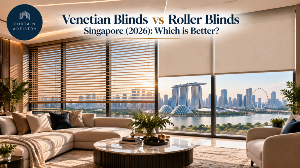 Venetian blinds vs roller blinds comparison in a luxury Singapore living room with Marina Bay view