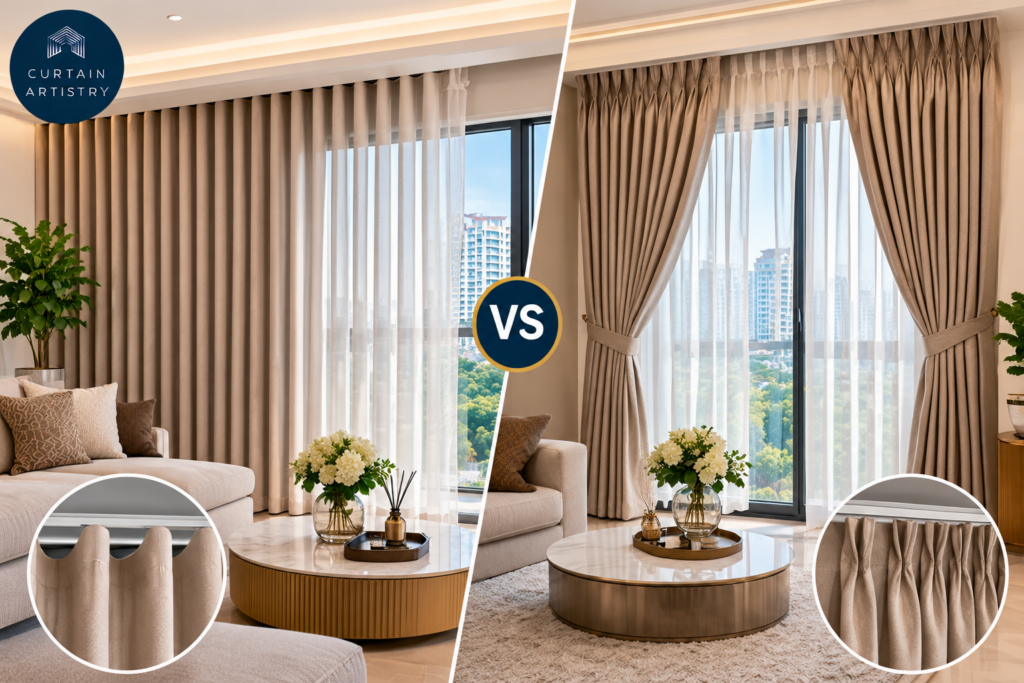 Side-by-side comparison of ripple fold curtains versus pleated curtains in a Singapore living room.