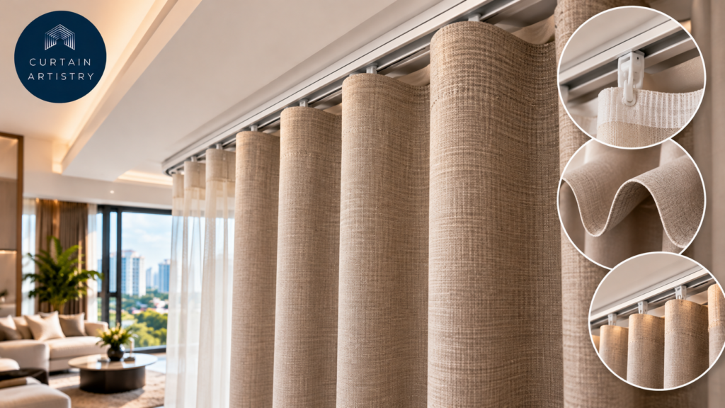 Close-up of ripple fold curtain track, hooks and uniform wave folds.