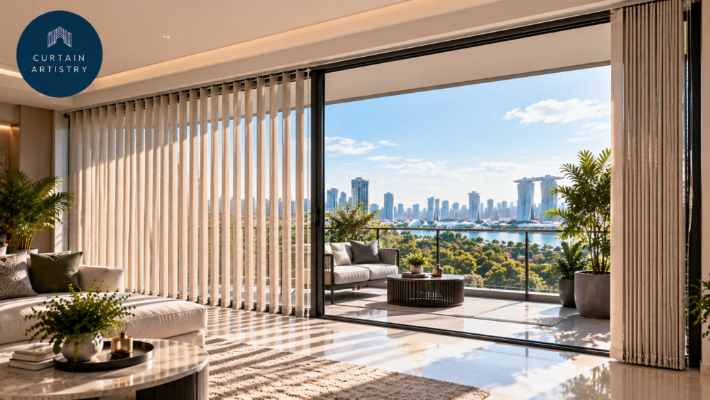 Vertical blinds on sliding balcony doors with Marina Bay view in Singapore condo