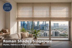 Roman shades Singapore – flat-fold fabric roman shades in a modern condo living room