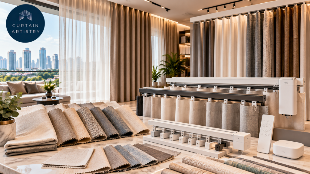 Curtain fabric swatches, ripple fold tracks and motorised curtain samples at a Singapore showroom.