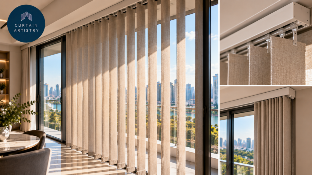Beige fabric vertical blinds on a sliding door track in a Singapore living room